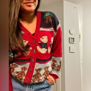 VTG Blueberry Woolens 100% Cotton Bear Cardigan with Bear Buttons Made USA 80s